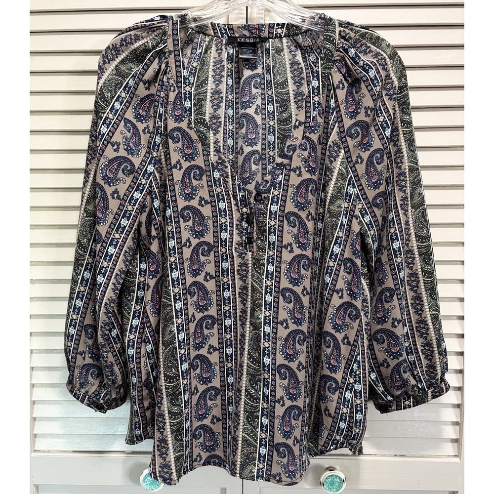 Joe + Elle Blue/Tan Paisley Chiffon 3/4 Balloon Sleeve Blouse Size M Button Boho